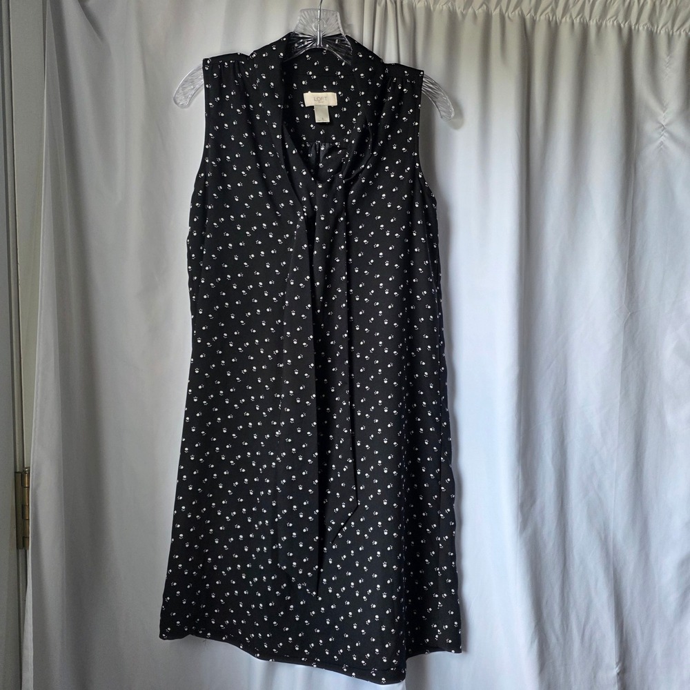 Loft Outlet Black Paw Print Tie Neck Sleeveless Shift Dress Womens Small